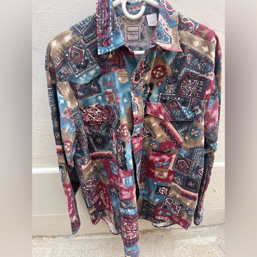 Vintage Western Plains Trading Co Button Up Western Native Shirt Size Large